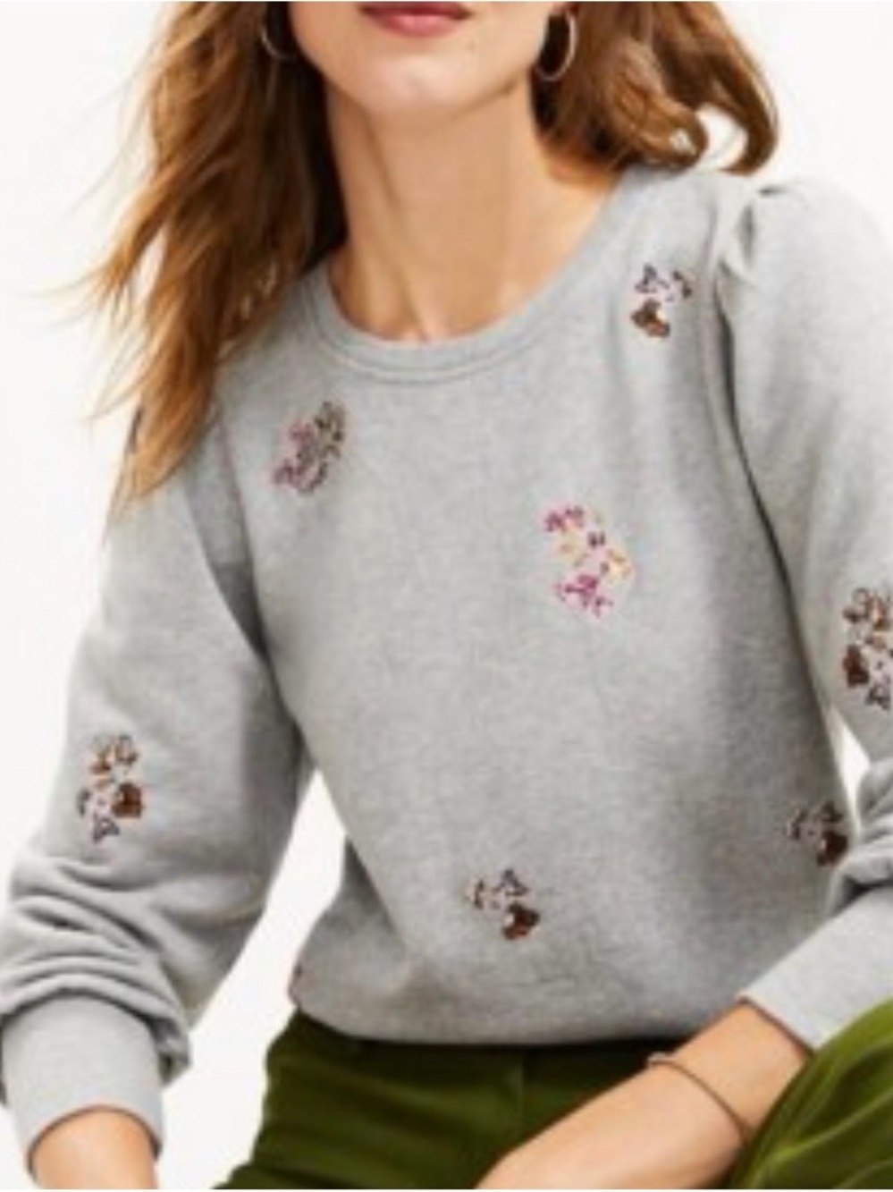 LOFT Light Gray Embroidered Crewneck Sweater